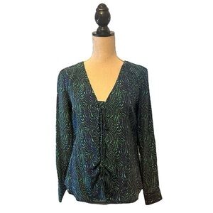 Ellie Kai Silk Lace-up Front Blouse in Greens & Blues